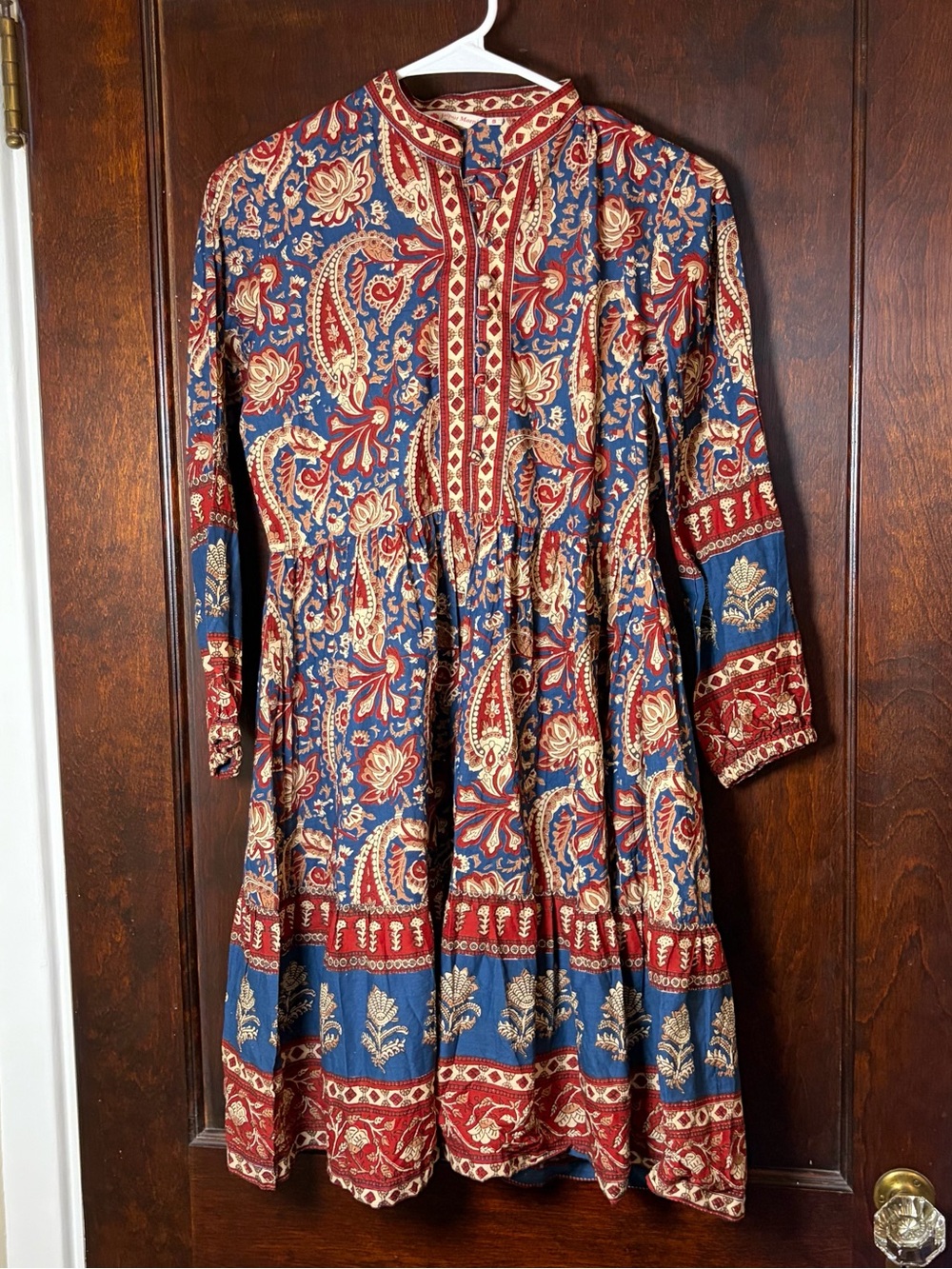Jaipur Morni Dress Small Handblock Print Blue Red Long Sleeve 100% Cotton